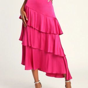 Hot Pink Satin Tiered Ruffled Midi Dress